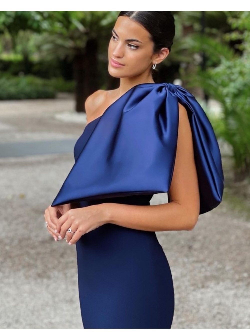One-Shoulder Navy Dress with Statement Bow